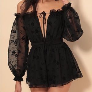 lucy in the sky off the shoulder dress/romper in black floral
